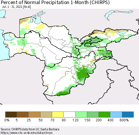 Central Asia Percent of Normal Precipitation 1-Month (CHIRPS) Thematic Map For 7/1/2021 - 7/31/2021