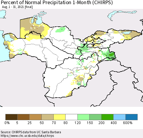 Central Asia Percent of Normal Precipitation 1-Month (CHIRPS) Thematic Map For 8/1/2021 - 8/31/2021