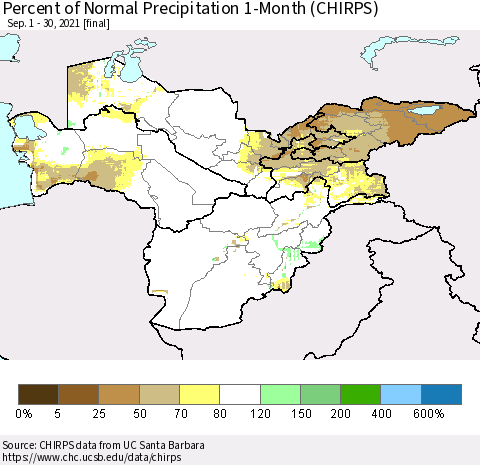 Central Asia Percent of Normal Precipitation 1-Month (CHIRPS) Thematic Map For 9/1/2021 - 9/30/2021