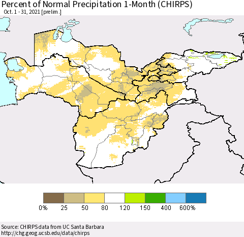 Central Asia Percent of Normal Precipitation 1-Month (CHIRPS) Thematic Map For 10/1/2021 - 10/31/2021
