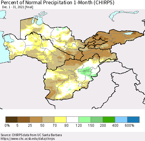 Central Asia Percent of Normal Precipitation 1-Month (CHIRPS) Thematic Map For 12/1/2021 - 12/31/2021