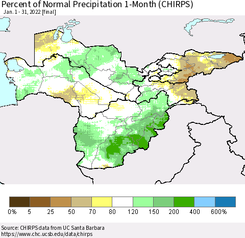 Central Asia Percent of Normal Precipitation 1-Month (CHIRPS) Thematic Map For 1/1/2022 - 1/31/2022