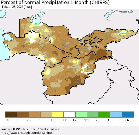 Central Asia Percent of Normal Precipitation 1-Month (CHIRPS) Thematic Map For 2/1/2022 - 2/28/2022