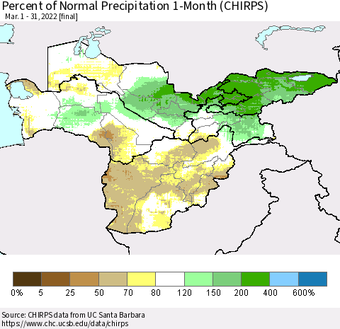 Central Asia Percent of Normal Precipitation 1-Month (CHIRPS) Thematic Map For 3/1/2022 - 3/31/2022