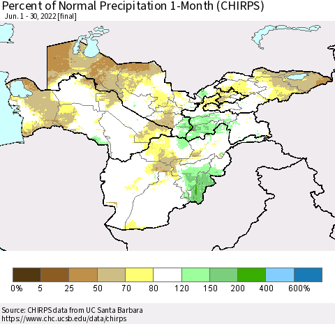 Central Asia Percent of Normal Precipitation 1-Month (CHIRPS) Thematic Map For 6/1/2022 - 6/30/2022