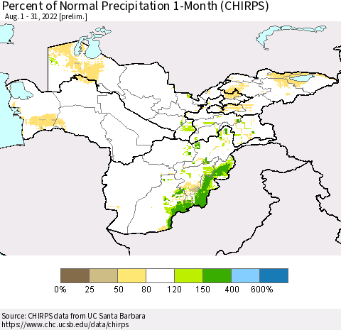 Central Asia Percent of Normal Precipitation 1-Month (CHIRPS) Thematic Map For 8/1/2022 - 8/31/2022