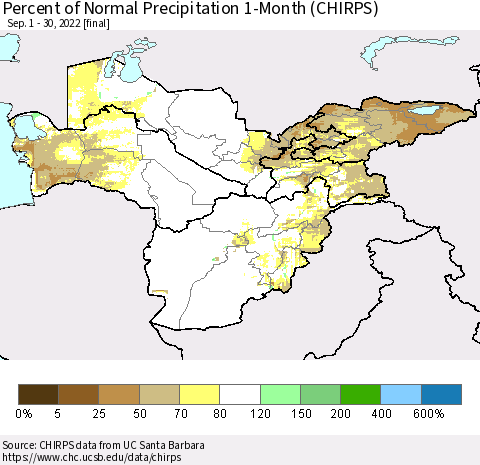 Central Asia Percent of Normal Precipitation 1-Month (CHIRPS) Thematic Map For 9/1/2022 - 9/30/2022