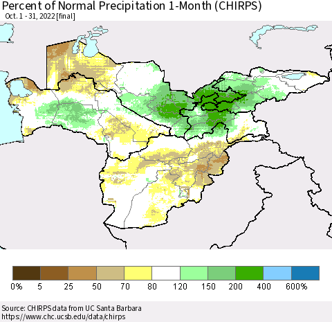 Central Asia Percent of Normal Precipitation 1-Month (CHIRPS) Thematic Map For 10/1/2022 - 10/31/2022