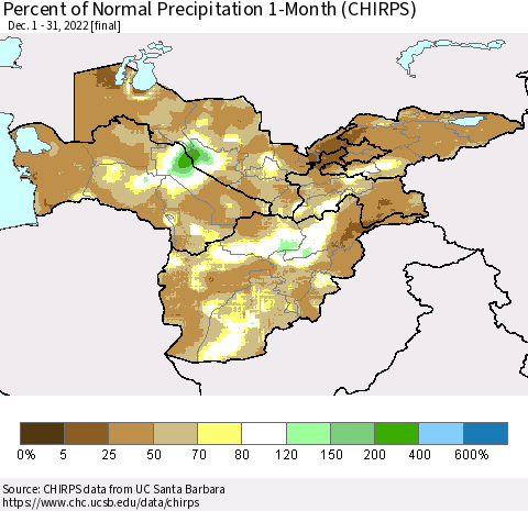 Central Asia Percent of Normal Precipitation 1-Month (CHIRPS) Thematic Map For 12/1/2022 - 12/31/2022