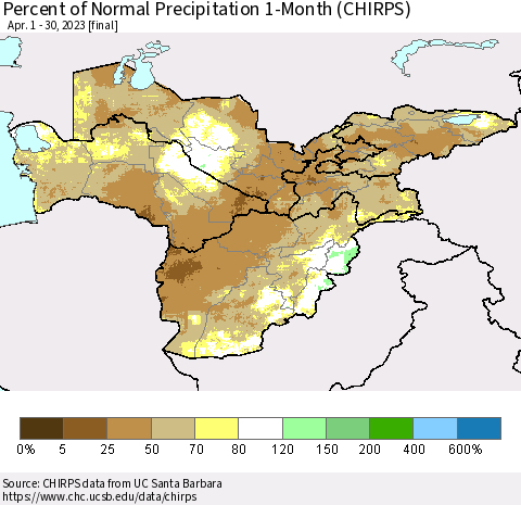 Central Asia Percent of Normal Precipitation 1-Month (CHIRPS) Thematic Map For 4/1/2023 - 4/30/2023