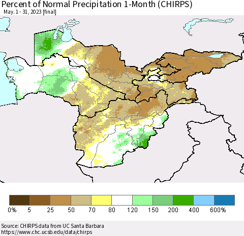 Central Asia Percent of Normal Precipitation 1-Month (CHIRPS) Thematic Map For 5/1/2023 - 5/31/2023