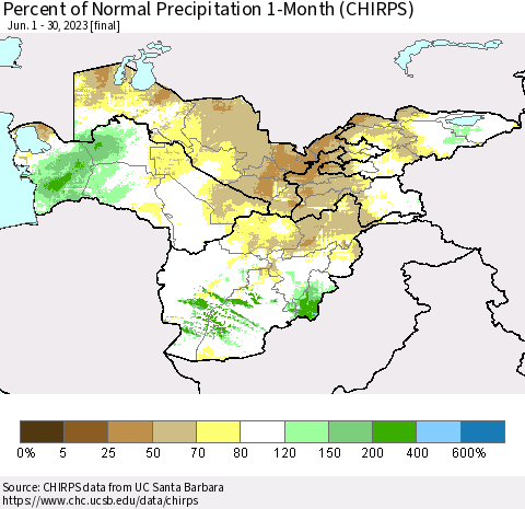Central Asia Percent of Normal Precipitation 1-Month (CHIRPS) Thematic Map For 6/1/2023 - 6/30/2023