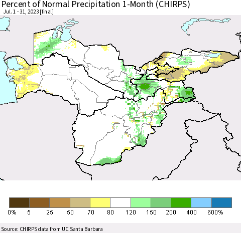 Central Asia Percent of Normal Precipitation 1-Month (CHIRPS) Thematic Map For 7/1/2023 - 7/31/2023