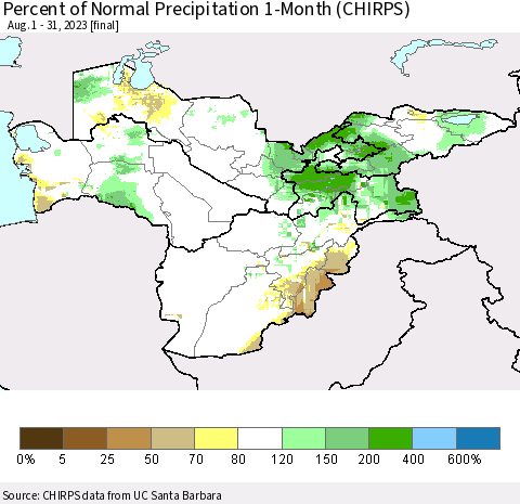 Central Asia Percent of Normal Precipitation 1-Month (CHIRPS) Thematic Map For 8/1/2023 - 8/31/2023