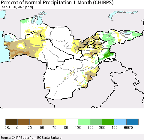 Central Asia Percent of Normal Precipitation 1-Month (CHIRPS) Thematic Map For 9/1/2023 - 9/30/2023