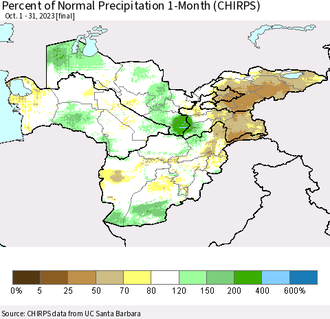 Central Asia Percent of Normal Precipitation 1-Month (CHIRPS) Thematic Map For 10/1/2023 - 10/31/2023