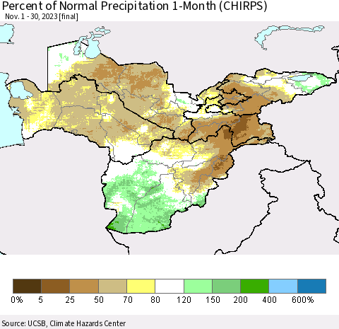 Central Asia Percent of Normal Precipitation 1-Month (CHIRPS) Thematic Map For 11/1/2023 - 11/30/2023