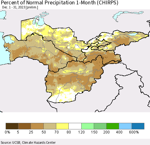 Central Asia Percent of Normal Precipitation 1-Month (CHIRPS) Thematic Map For 12/1/2023 - 12/31/2023