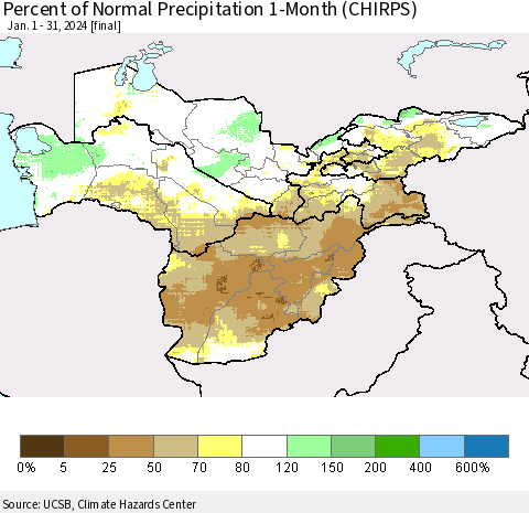 Central Asia Percent of Normal Precipitation 1-Month (CHIRPS) Thematic Map For 1/1/2024 - 1/31/2024