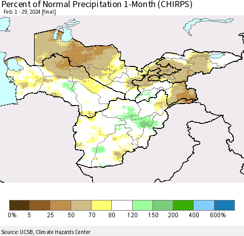 Central Asia Percent of Normal Precipitation 1-Month (CHIRPS) Thematic Map For 2/1/2024 - 2/29/2024