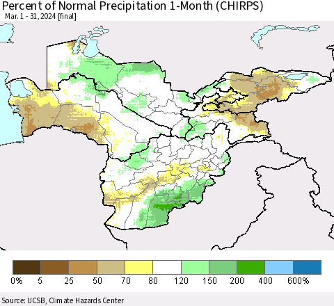 Central Asia Percent of Normal Precipitation 1-Month (CHIRPS) Thematic Map For 3/1/2024 - 3/31/2024