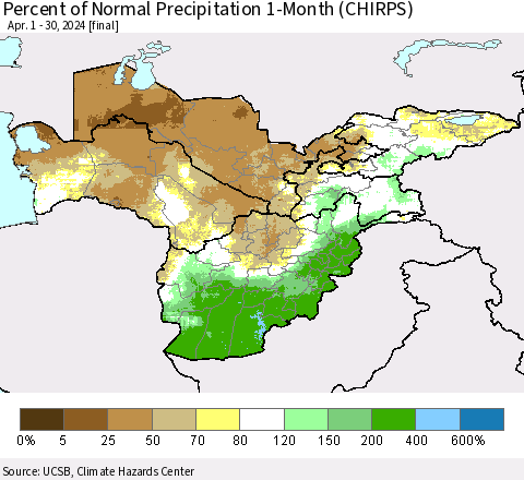 Central Asia Percent of Normal Precipitation 1-Month (CHIRPS) Thematic Map For 4/1/2024 - 4/30/2024