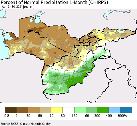 Central Asia Percent of Normal Precipitation 1-Month (CHIRPS) Thematic Map For 4/1/2024 - 4/30/2024