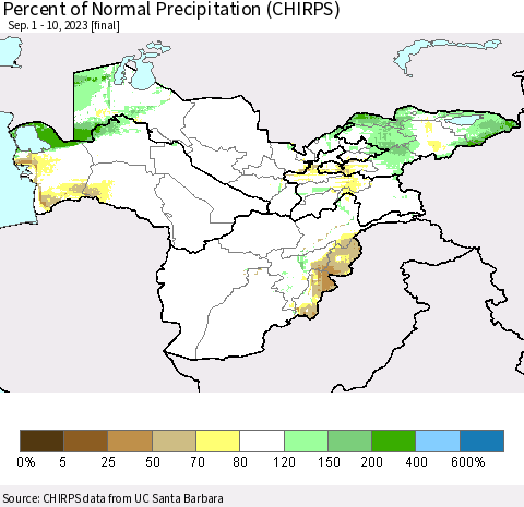 Central Asia Percent of Normal Precipitation (CHIRPS) Thematic Map For 9/1/2023 - 9/10/2023