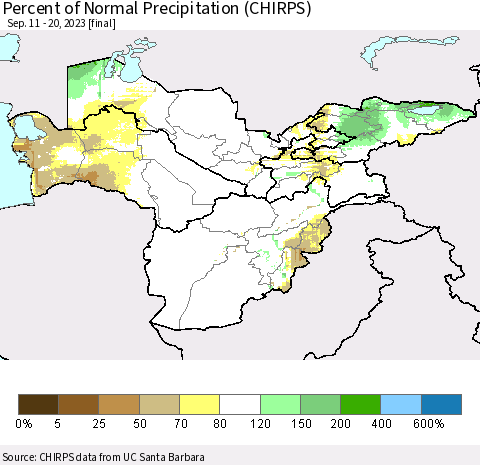 Central Asia Percent of Normal Precipitation (CHIRPS) Thematic Map For 9/11/2023 - 9/20/2023