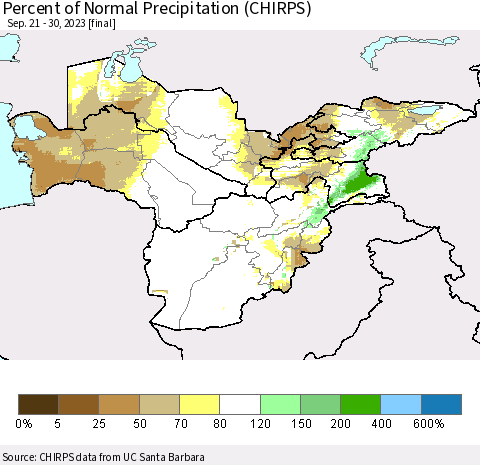 Central Asia Percent of Normal Precipitation (CHIRPS) Thematic Map For 9/21/2023 - 9/30/2023
