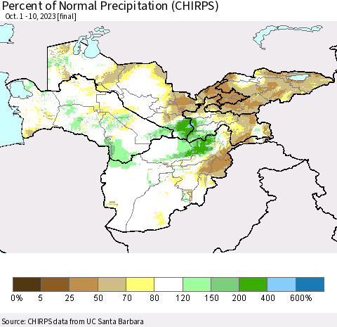 Central Asia Percent of Normal Precipitation (CHIRPS) Thematic Map For 10/1/2023 - 10/10/2023
