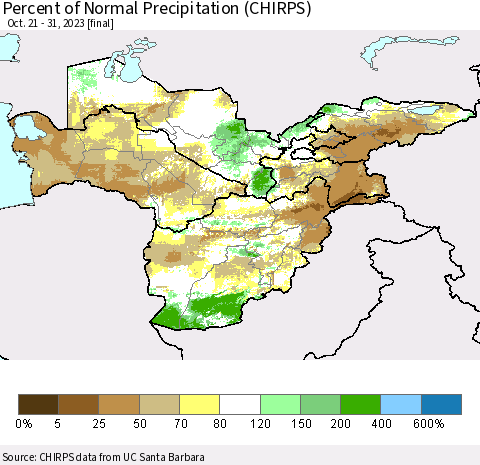 Central Asia Percent of Normal Precipitation (CHIRPS) Thematic Map For 10/21/2023 - 10/31/2023