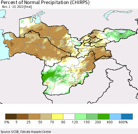 Central Asia Percent of Normal Precipitation (CHIRPS) Thematic Map For 11/1/2023 - 11/10/2023