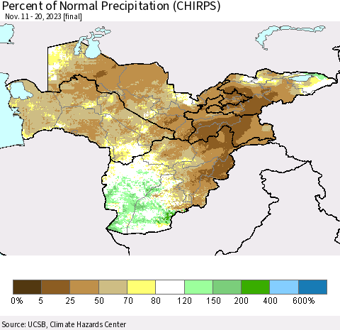 Central Asia Percent of Normal Precipitation (CHIRPS) Thematic Map For 11/11/2023 - 11/20/2023