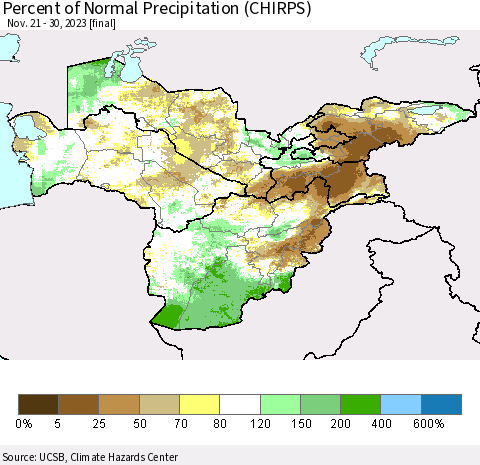 Central Asia Percent of Normal Precipitation (CHIRPS) Thematic Map For 11/21/2023 - 11/30/2023