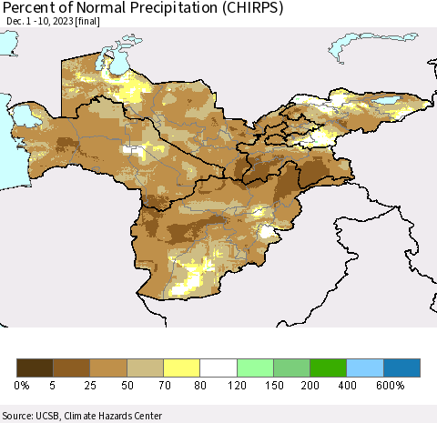 Central Asia Percent of Normal Precipitation (CHIRPS) Thematic Map For 12/1/2023 - 12/10/2023