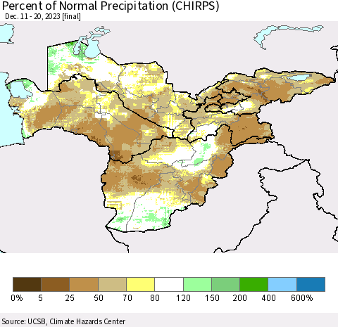 Central Asia Percent of Normal Precipitation (CHIRPS) Thematic Map For 12/11/2023 - 12/20/2023