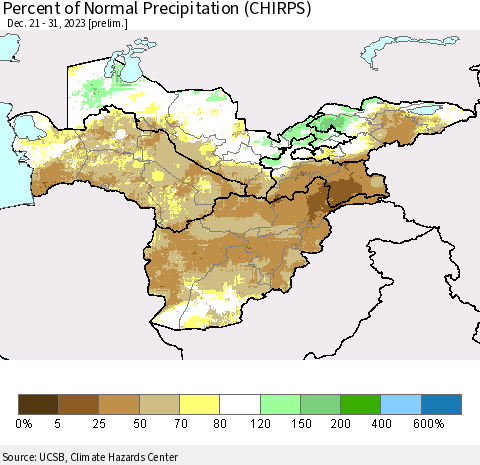 Central Asia Percent of Normal Precipitation (CHIRPS) Thematic Map For 12/21/2023 - 12/31/2023
