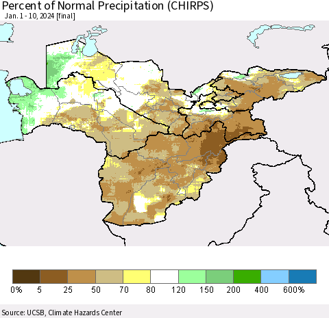 Central Asia Percent of Normal Precipitation (CHIRPS) Thematic Map For 1/1/2024 - 1/10/2024