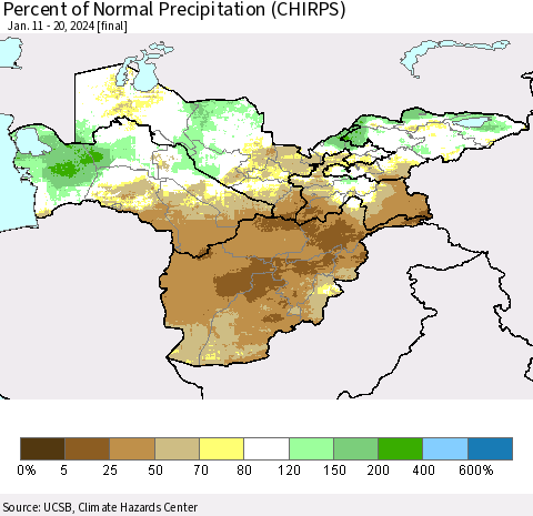 Central Asia Percent of Normal Precipitation (CHIRPS) Thematic Map For 1/11/2024 - 1/20/2024