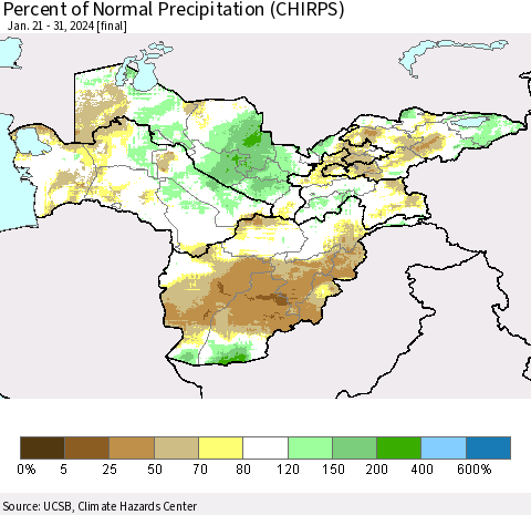 Central Asia Percent of Normal Precipitation (CHIRPS) Thematic Map For 1/21/2024 - 1/31/2024