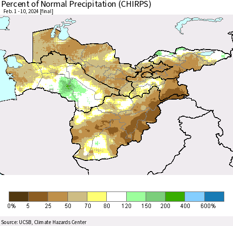Central Asia Percent of Normal Precipitation (CHIRPS) Thematic Map For 2/1/2024 - 2/10/2024