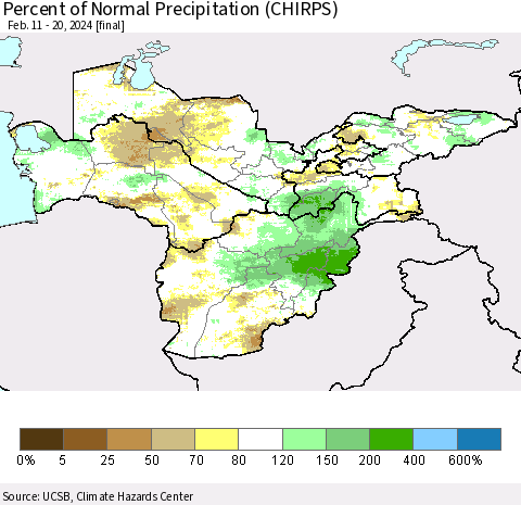 Central Asia Percent of Normal Precipitation (CHIRPS) Thematic Map For 2/11/2024 - 2/20/2024