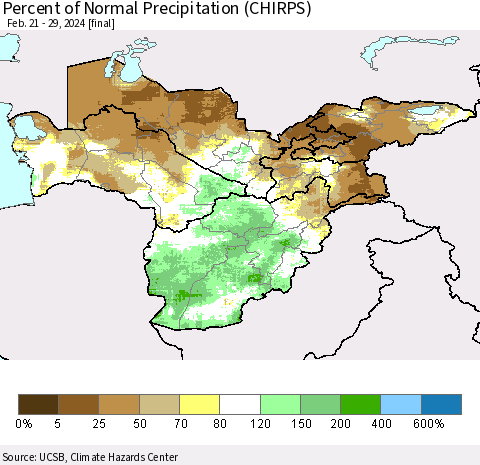 Central Asia Percent of Normal Precipitation (CHIRPS) Thematic Map For 2/21/2024 - 2/29/2024