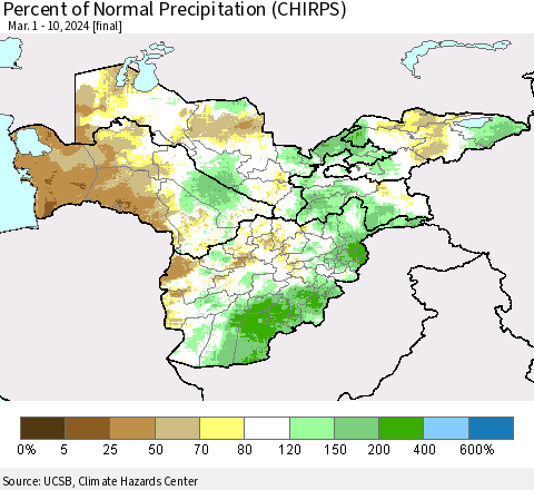 Central Asia Percent of Normal Precipitation (CHIRPS) Thematic Map For 3/1/2024 - 3/10/2024