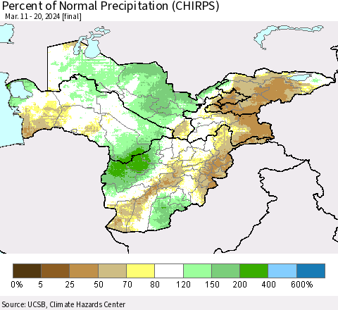 Central Asia Percent of Normal Precipitation (CHIRPS) Thematic Map For 3/11/2024 - 3/20/2024
