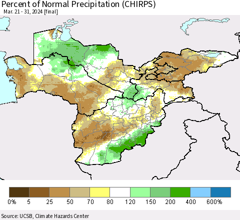 Central Asia Percent of Normal Precipitation (CHIRPS) Thematic Map For 3/21/2024 - 3/31/2024
