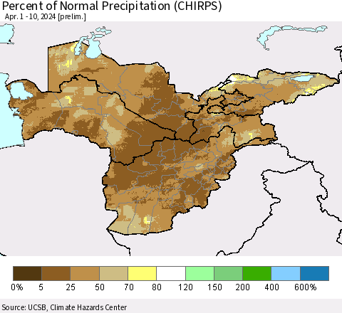 Central Asia Percent of Normal Precipitation (CHIRPS) Thematic Map For 4/1/2024 - 4/10/2024