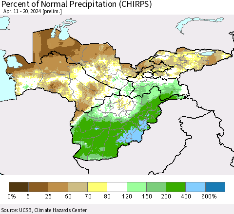 Central Asia Percent of Normal Precipitation (CHIRPS) Thematic Map For 4/11/2024 - 4/20/2024