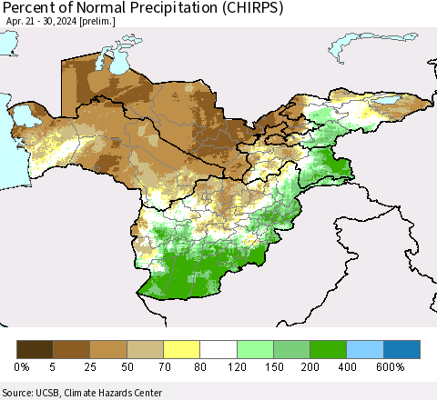 Central Asia Percent of Normal Precipitation (CHIRPS) Thematic Map For 4/21/2024 - 4/30/2024